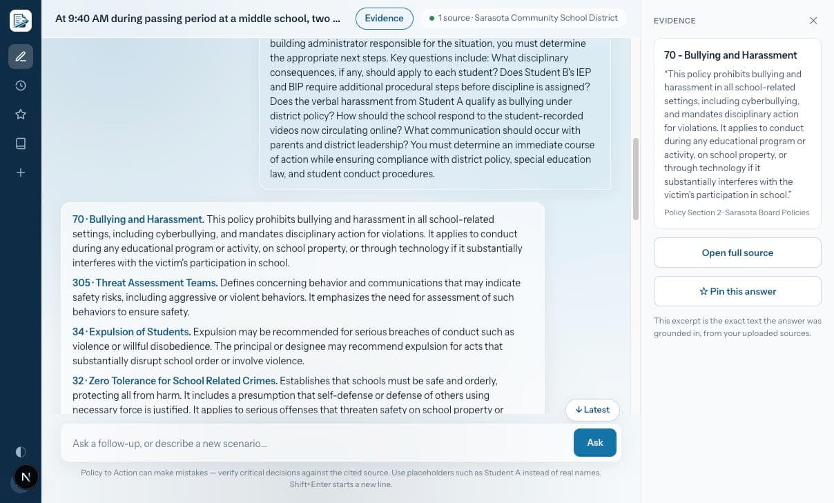 A Policy Aligned answer beside the exact district policy language used as evidence